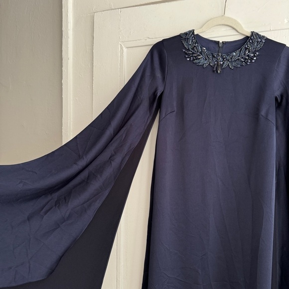 Rickie Freeman For Teri Jon Beaded Cape-Sleeve Satin Gown in Navy - Size 2 - Picture 4 of 14